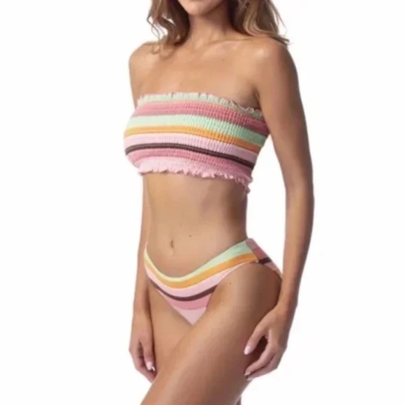 Phax Striped Smocked Strapless Bikini Swimsuit 2Pc Two Piece Set - Picture 3 of 4